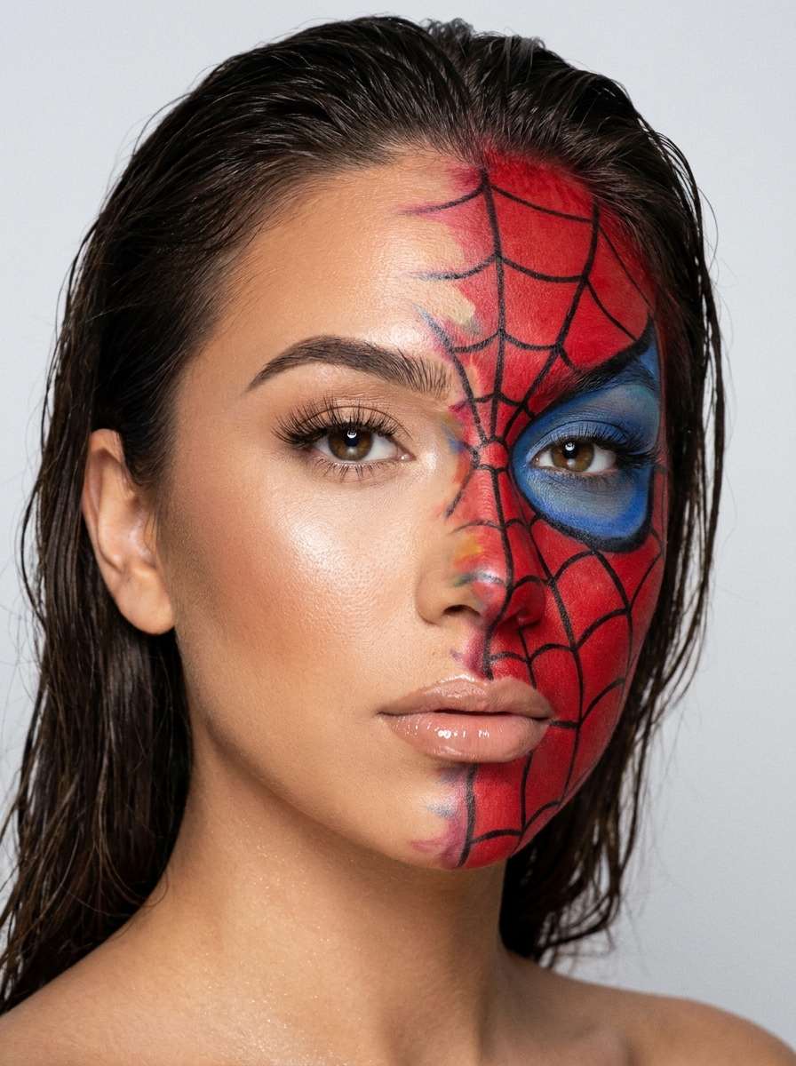 Half-Face Spiderman Makeup als Spiderman Makeup Inspiration 2026